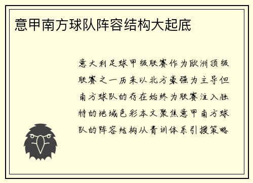 意甲南方球队阵容结构大起底