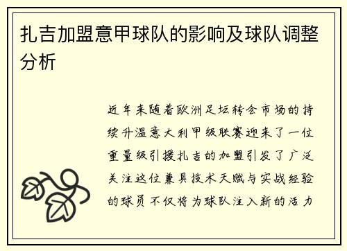 扎吉加盟意甲球队的影响及球队调整分析